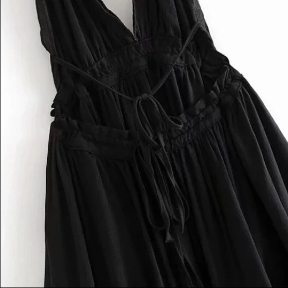 Black Boho Mesh Polka Dot Halter Mini Dress - Picture 5 of 6